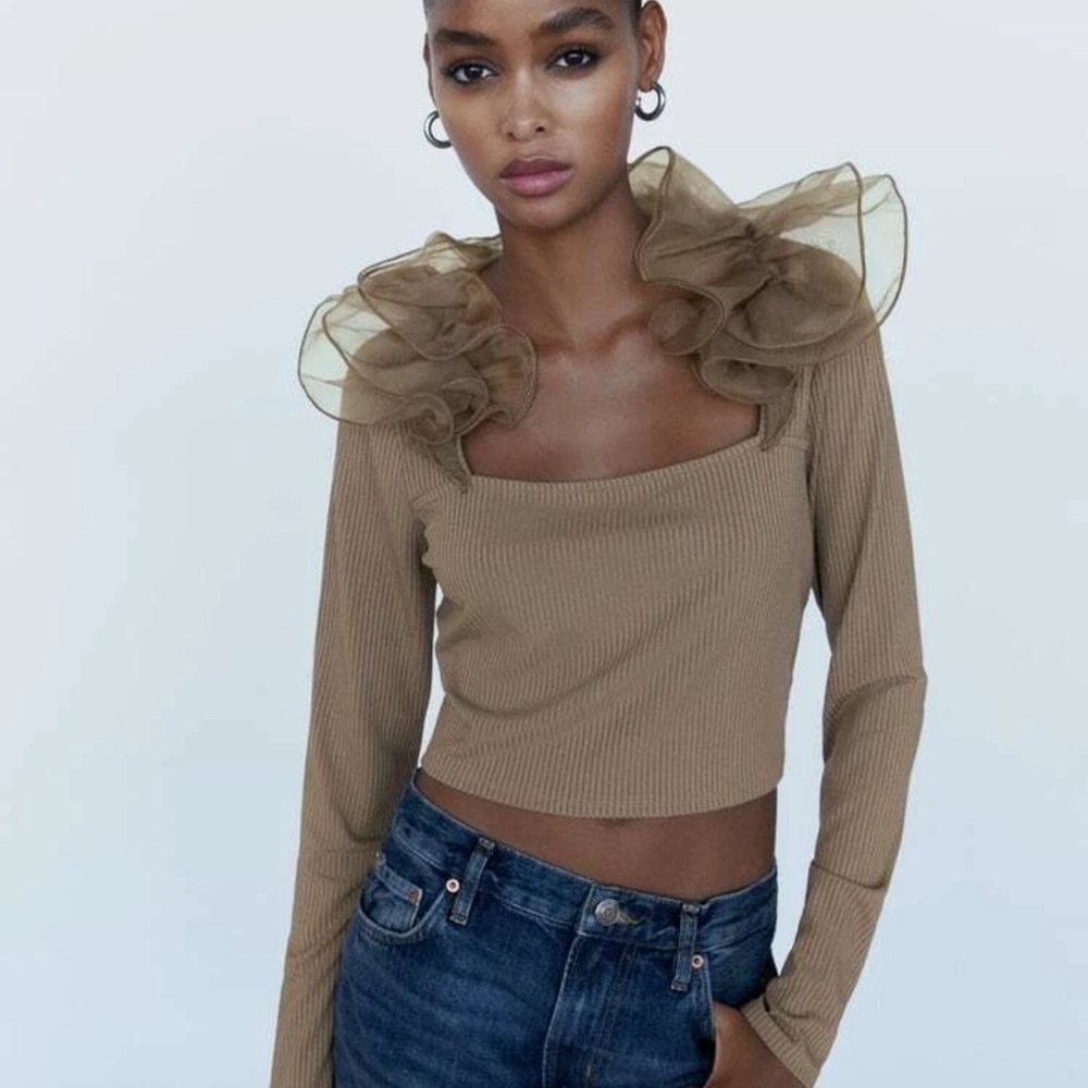 Elegant Brown Organza Ruffle  Shoulder Top by Zara NWT Sz L